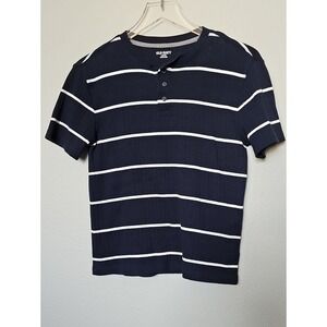 Old Navy Boys Large Striped Henley Shirt Navy Blue White Short Sleeve Ribbed